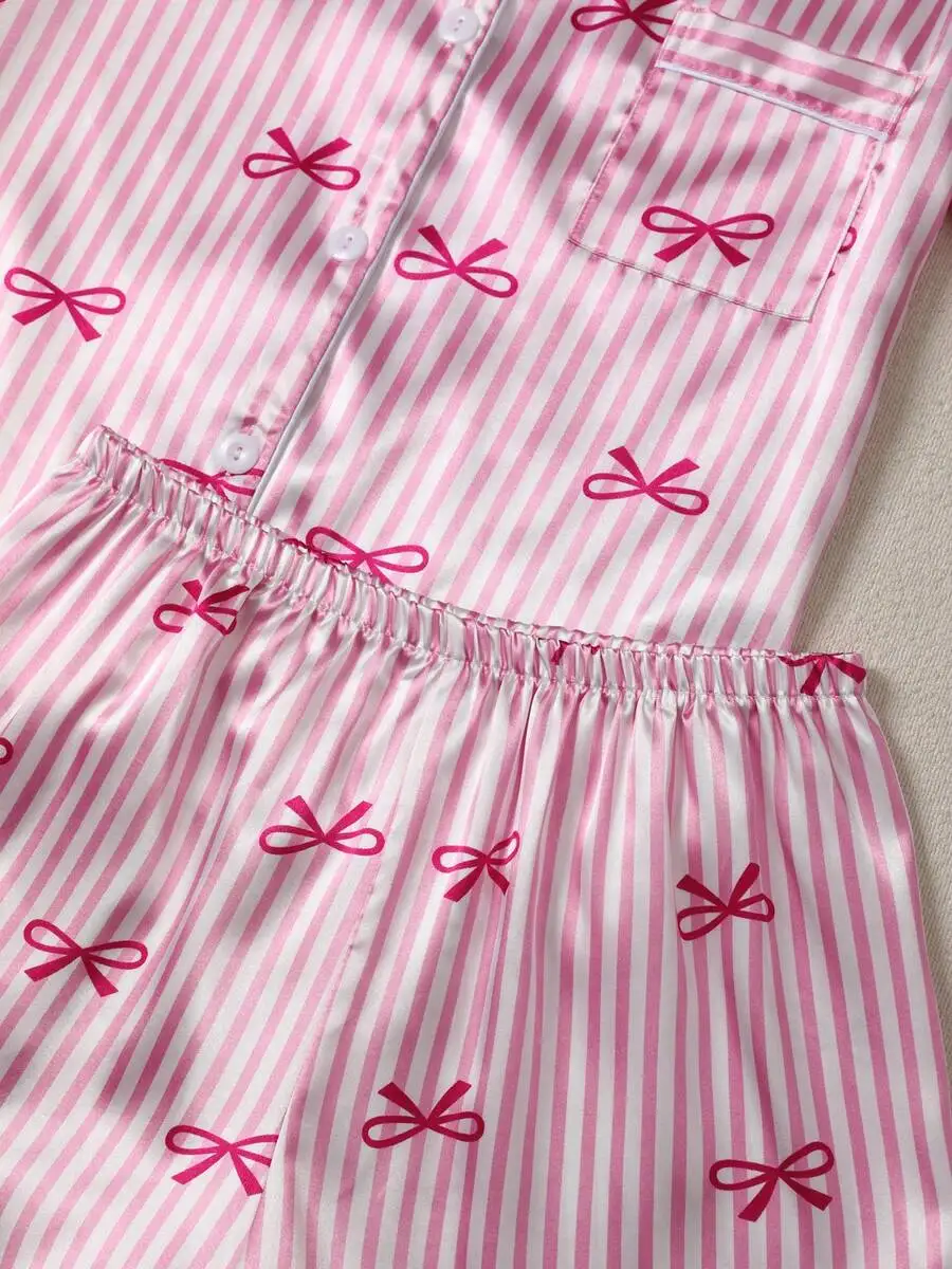 Womens Plus Size Striped Short Sleeve Pajama Set With Bow Print And Elastic Waist Shorts
Womens Plus Size Striped Short Sleeve Pajama Set With Bow Print And Elastic Waist Shorts
