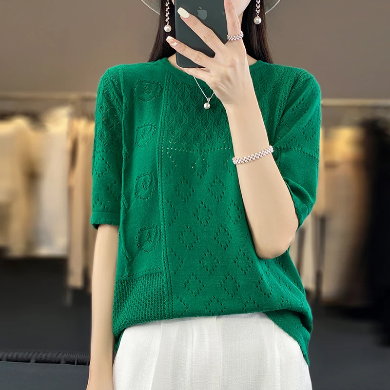 2023 Summer New Women's Knitwear 100% Cotton Pullover Short Sleeve Casual Solid Women's Top Loose Hollow Round Neck T-shirt
2023 Summer New Women's Knitwear 100% Cotton Pullover Short Sleeve Casual Solid Women's Top Loose Hollow Round Neck T-shirt