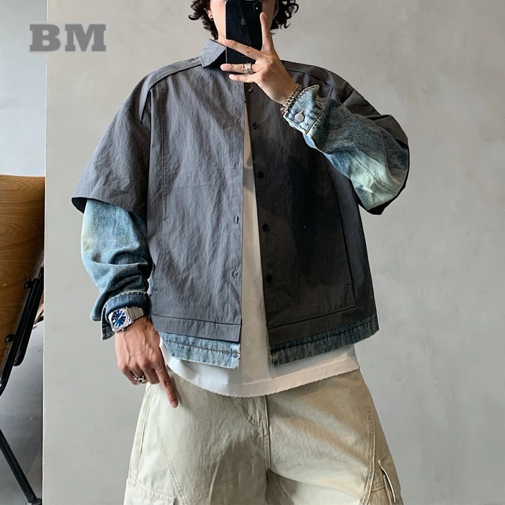 Mens Korean Streetwear Faux Two Piece Denim Patchwork Shirt Long Sleeve Collar Hip Hop High Quality Spring Autumn Fashion Tops
Mens Korean Streetwear Faux Two Piece Denim Patchwork Shirt Long Sleeve Collar Hip Hop High Quality Spring Autumn Fashion Tops