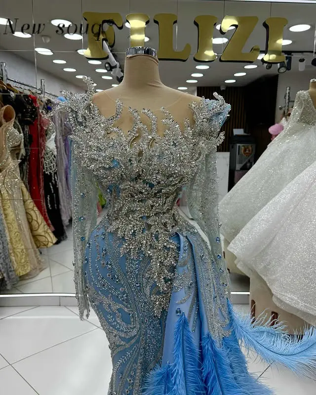 Великолепные синие перья с длинными рукавами Вечерние платья Дубай Роскошные кристаллы из бисера Театрализованное представление Вечерние платья по индивидуальному заказу 
Великолепные синие перья с длинными рукавами Вечерние платья Дубай Роскошные кристаллы из бисера Театрализованное представление Вечерние платья по индивидуальному заказу