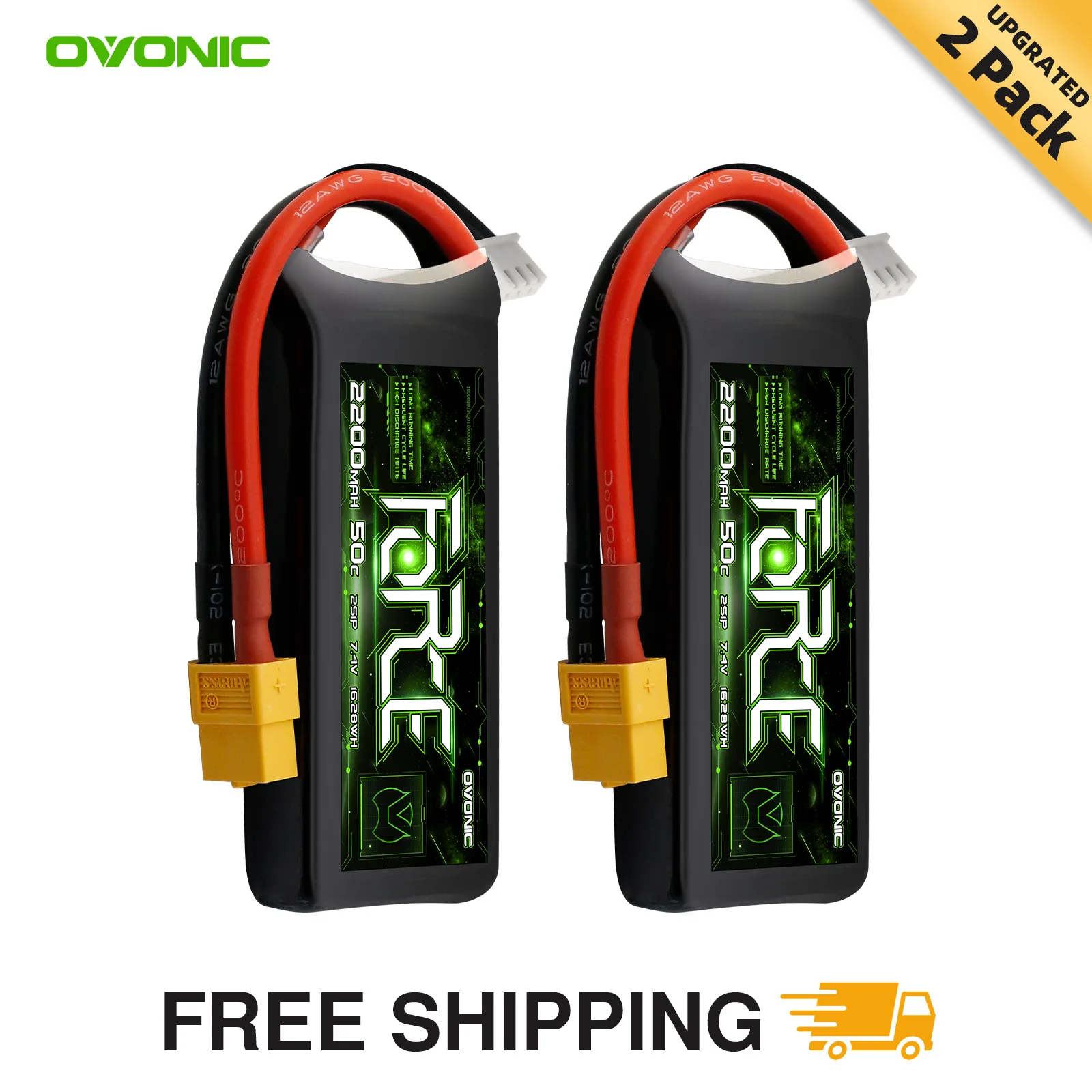 OVONIC 7.4V Lipo 2200 mAh 50C 2S Lipo Battery with XT60+TRA Plug (2 Packs)
OVONIC 7.4V Lipo 2200 mAh 50C 2S Lipo Battery with XT60+TRA Plug (2 Packs)