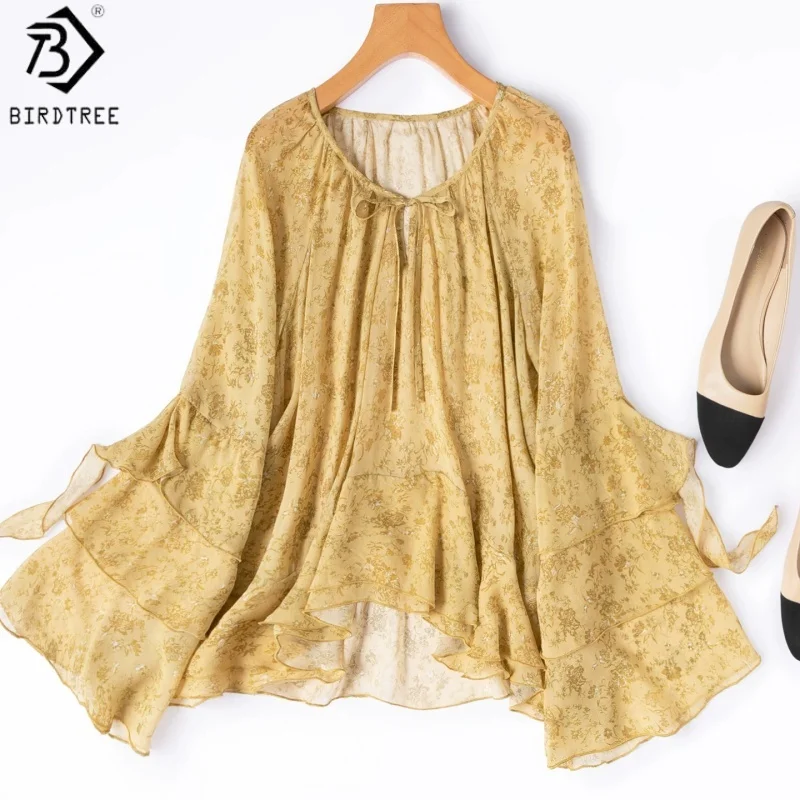 Birdtree, 100%Silk Sheer Blouse, O-neck Ruffle Sleeve Tops, Women Georgette Thin Shirt, Sun Protection Smock, 2026 New T66706JF
Birdtree, 100%Silk Sheer Blouse, O-neck Ruffle Sleeve Tops, Women Georgette Thin Shirt, Sun Protection Smock, 2026 New T66706JF