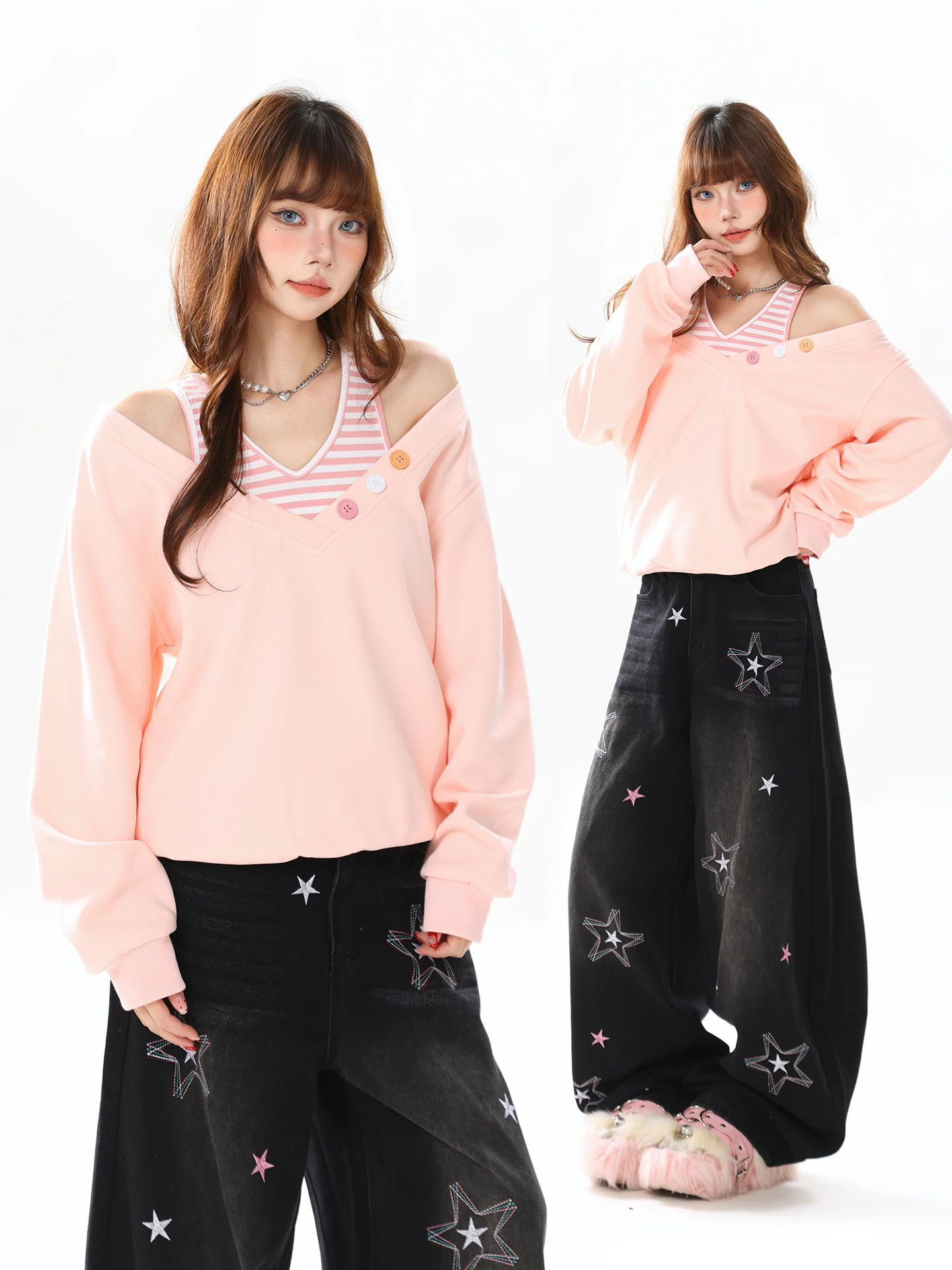 Женская толстовка свободного кроя с длинными рукавами, V-образным вырезом, в полоску, на пуговицах, весенний дизайн, корейский стиль, имитация двухслойности
Женская толстовка свободного кроя с длинными рукавами, V-образным вырезом, в полоску, на пуговицах, весенний дизайн, корейский стиль, имитация двухслойности