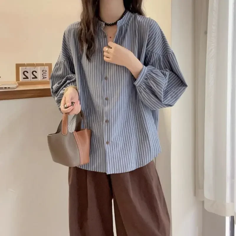 Women Japanese Style Striped Button Up Shirt Casual Commute Stand Collar Blouse Long Sleeve Loose Tops E7557
Women Japanese Style Striped Button Up Shirt Casual Commute Stand Collar Blouse Long Sleeve Loose Tops E7557