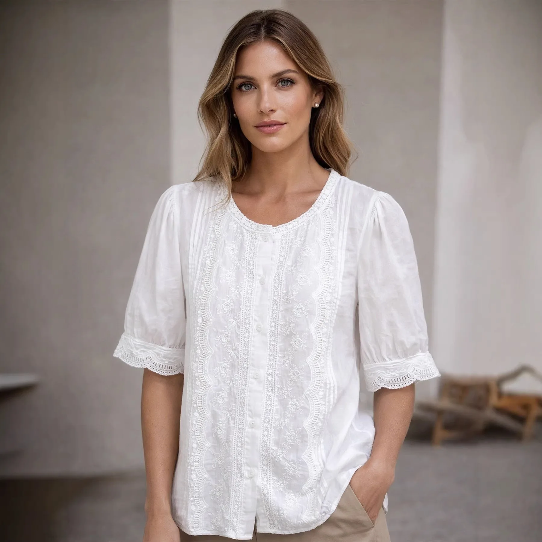 Elegant White Lace Embroidery Bubble Short Sleeve Shirt Women's Gentle Style Top Cross-Border Bestseller Summer Fashion
Elegant White Lace Embroidery Bubble Short Sleeve Shirt Women's Gentle Style Top Cross-Border Bestseller Summer Fashion