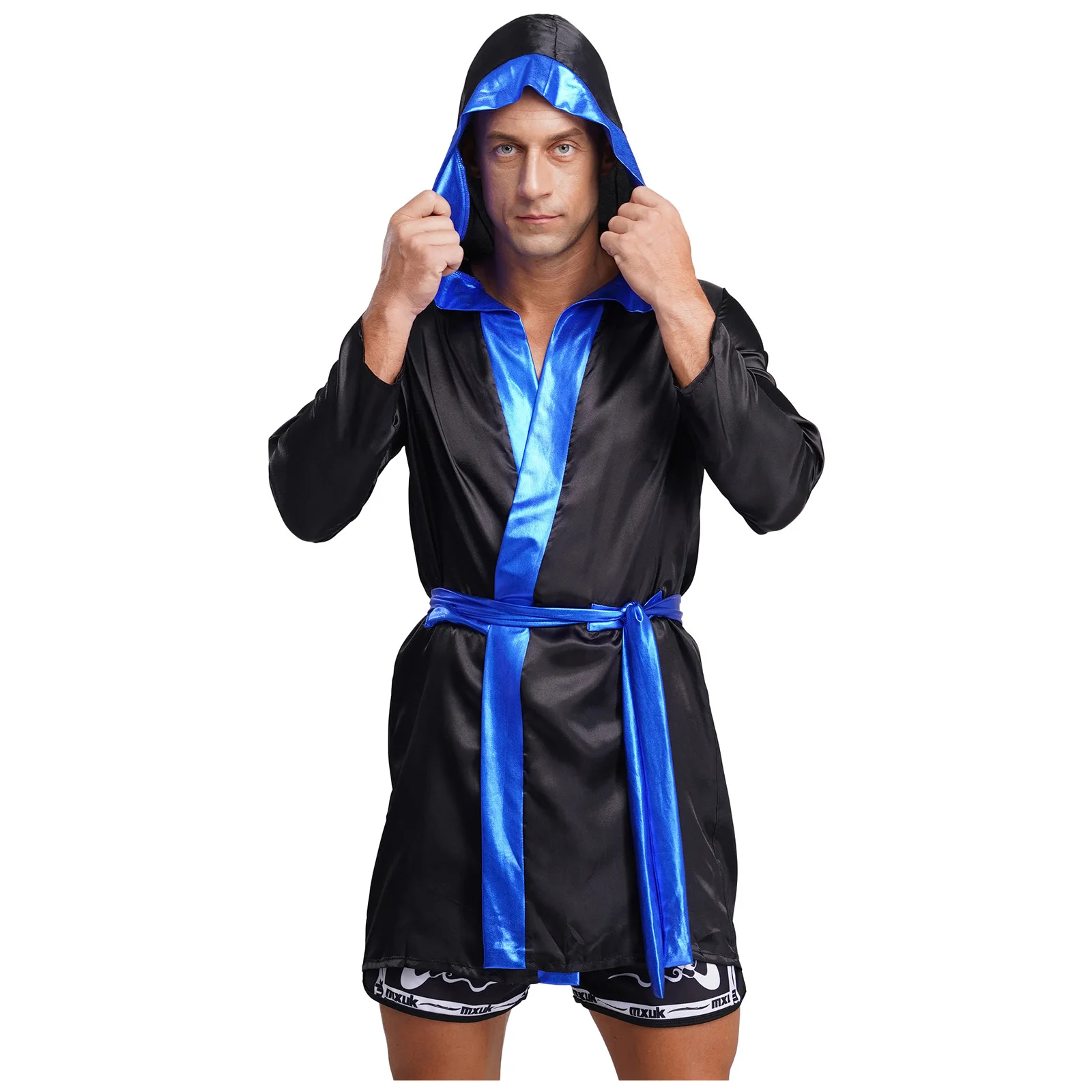 Men Boxing Competition Robe Halloween Cosplay Costume Long Sleeve Open Front Metallic Shiny Trim Satin Hooded Cloak with Belt
Men Boxing Competition Robe Halloween Cosplay Costume Long Sleeve Open Front Metallic Shiny Trim Satin Hooded Cloak with Belt