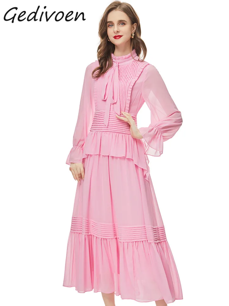Gedivoen Autumn Fashion Designer Pink Vintage Party Dress Women Stand Collar Long Sleeve Frenulum Ruffle Slim Pleated Long Dress
Gedivoen Autumn Fashion Designer Pink Vintage Party Dress Women Stand Collar Long Sleeve Frenulum Ruffle Slim Pleated Long Dress