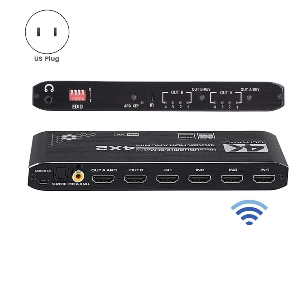 ABSY EDID Compatible 4K@ 60Hz Matrix 4X2 Switch Splitter With Control 4 In 2 Out Dual Audio Separator Extractor US Plug
ABSY EDID Compatible 4K@ 60Hz Matrix 4X2 Switch Splitter With Control 4 In 2 Out Dual Audio Separator Extractor US Plug