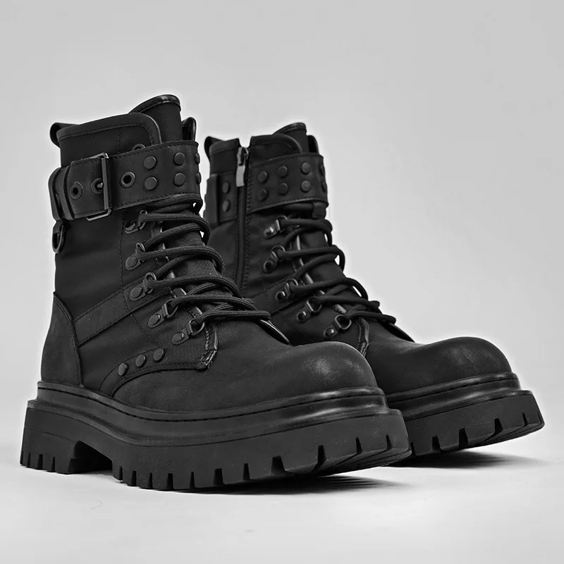 High Quality Black Punk Combat Boots Men Gothic Style Lace-Up Mid-Calf Boots with Studded Buckle Thick Platform Motorcycle Boots
High Quality Black Punk Combat Boots Men Gothic Style Lace-Up Mid-Calf Boots with Studded Buckle Thick Platform Motorcycle Boots