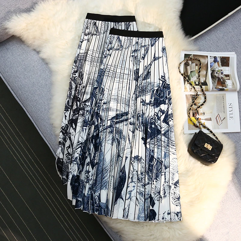 Vintage Ink Print Pleated Long Skirt Women's Elegant Fashion All-match Elastic Waist A-line Skirts Midi Skirt Female
Vintage Ink Print Pleated Long Skirt Women's Elegant Fashion All-match Elastic Waist A-line Skirts Midi Skirt Female