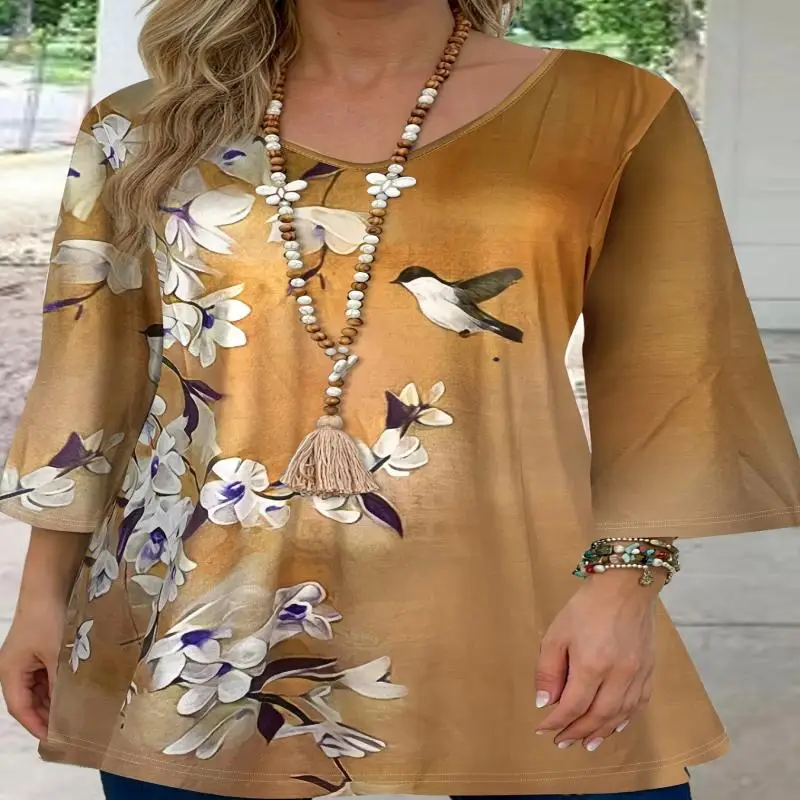 Plus Size Casual T-shirt, Women's Plus Floral Print 3/4 Sleeve Round Neck Slight Stretch T-shirt
Plus Size Casual T-shirt, Women's Plus Floral Print 3/4 Sleeve Round Neck Slight Stretch T-shirt