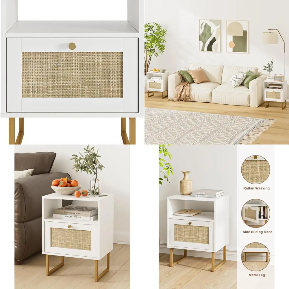 White Farmhouse Style Rattan Nightstand with Storage and Open Shelf for Bedroom or Living Room
White Farmhouse Style Rattan Nightstand with Storage and Open Shelf for Bedroom or Living Room
