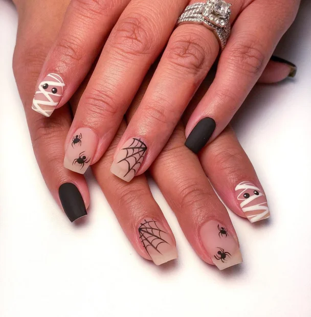 Short Square Press On Nails, Halloween Mummy & Spider Web Design with Matte Black Accents, Spooky Cute Reusable Fake Nails
Short Square Press On Nails, Halloween Mummy & Spider Web Design with Matte Black Accents, Spooky Cute Reusable Fake Nails