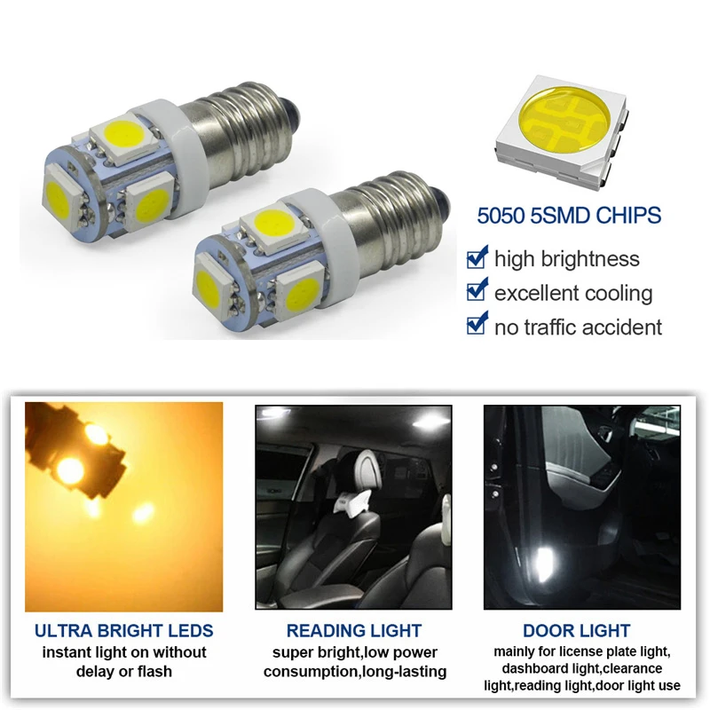 10pcs DC 6V 6.3V E10 5050 5 SMD LED Light Bulb Old Flashlight Pinball Game Car Light Warm Plate Wedge Lamps
10pcs DC 6V 6.3V E10 5050 5 SMD LED Light Bulb Old Flashlight Pinball Game Car Light Warm Plate Wedge Lamps