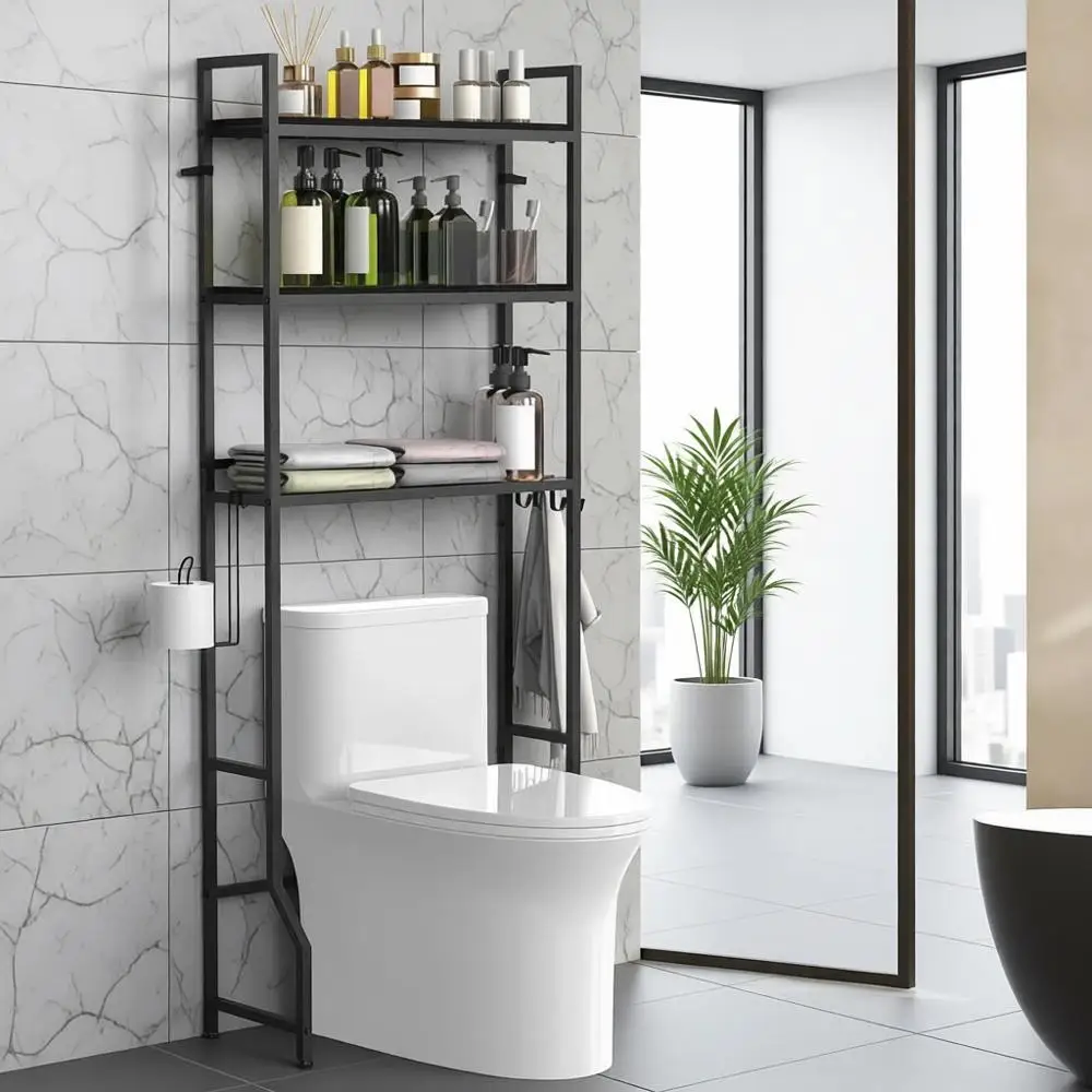 Трехуровневый деревянный органайзер для хранения над унитазом с крючками для экономии места в ванной комнате
Трехуровневый деревянный органайзер для хранения над унитазом с крючками для экономии места в ванной комнате