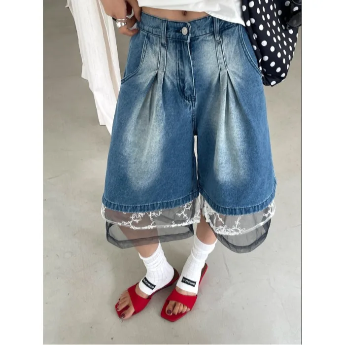 Summer 2026 Chic Korean Style Pleated Faded Hem See-through Lace Splicing Denim Shorts Casual Loose Fit Natural Waist Blue Co...
Summer 2026 Chic Korean Style Pleated Faded Hem See-through Lace Splicing Denim Shorts Casual Loose Fit Natural Waist Blue Co...