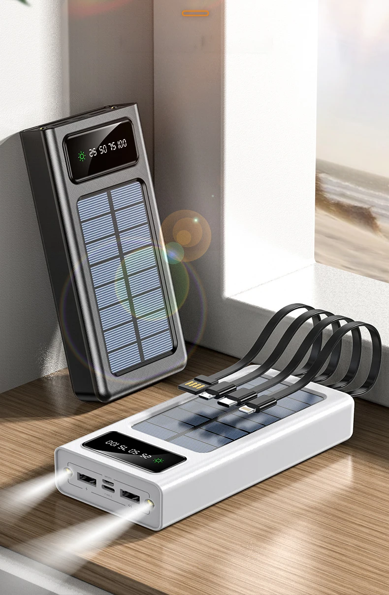 Self wired solar power bank with a large capacity of 20000mAh a four wire portable power bank suitable for Apple, Samsung
Self wired solar power bank with a large capacity of 20000mAh a four wire portable power bank suitable for Apple, Samsung