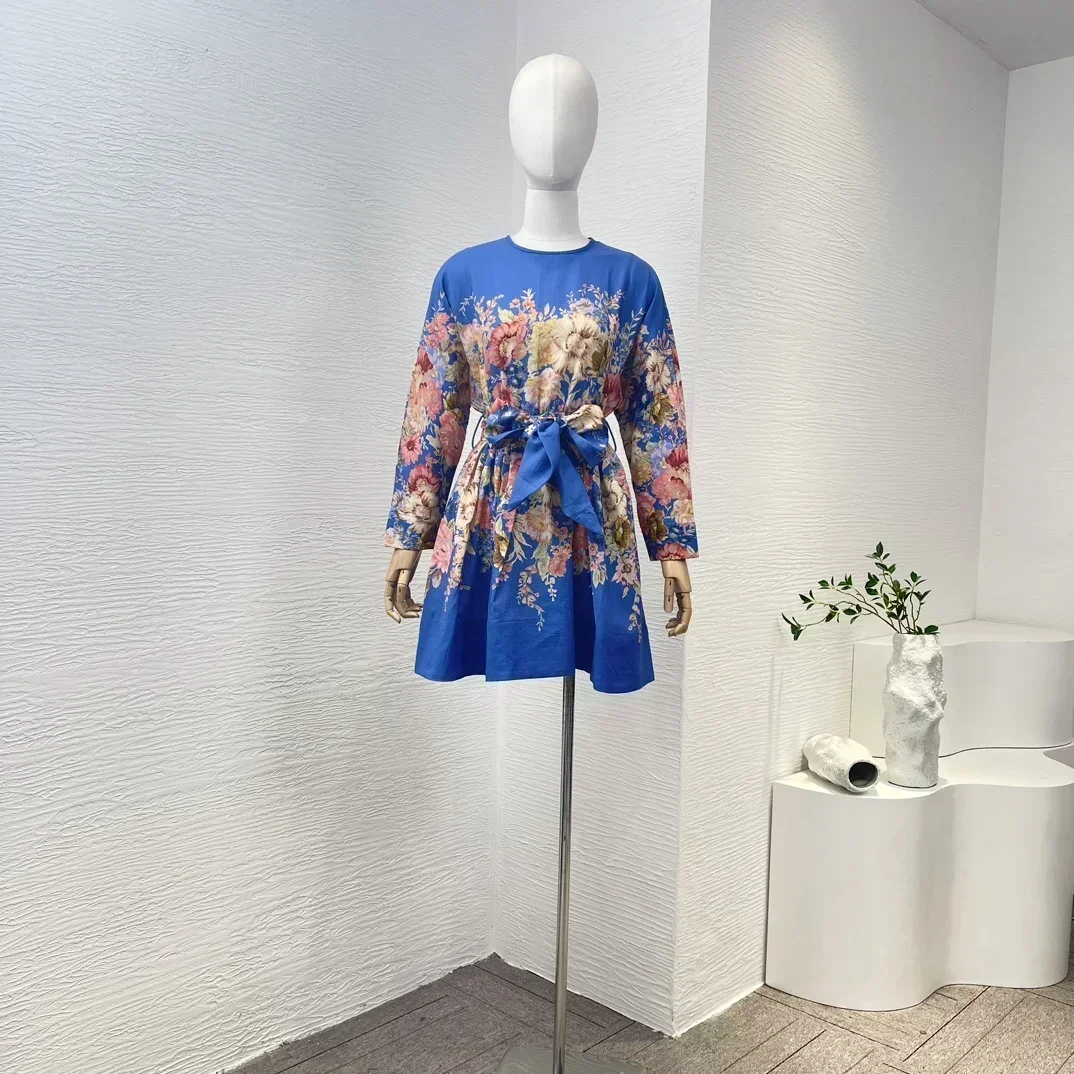 Top Quality Linen New Arrivals One Button At Back Neck Self-tie Belt Blue Floral Print Long Sleeve Women Loose Mini Dress
Top Quality Linen New Arrivals One Button At Back Neck Self-tie Belt Blue Floral Print Long Sleeve Women Loose Mini Dress