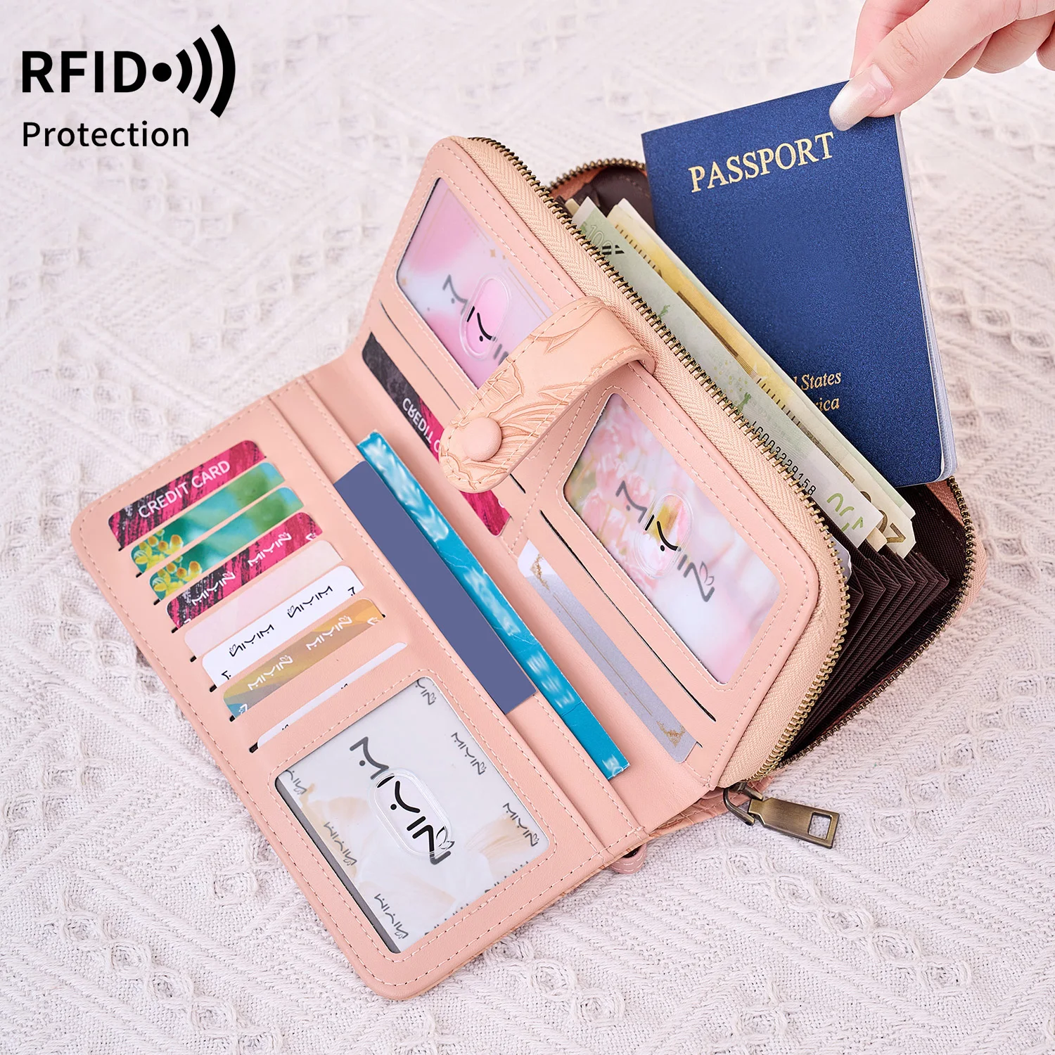 RFID shielded women's zipper coin purse stylish floral embossed design women's clutch bag high-quality PU, large capacity wallet
RFID shielded women's zipper coin purse stylish floral embossed design women's clutch bag high-quality PU, large capacity wallet
