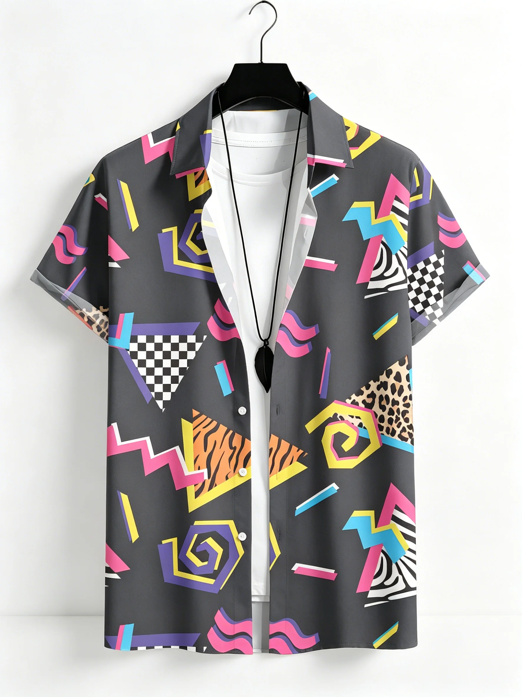Men's Dark Gray 80s Memphis Geometric Print Button Up Shirt, Turndown Collar Tops for Spring Summer Casual Streetwear Daily Wear
Men's Dark Gray 80s Memphis Geometric Print Button Up Shirt, Turndown Collar Tops for Spring Summer Casual Streetwear Daily Wear