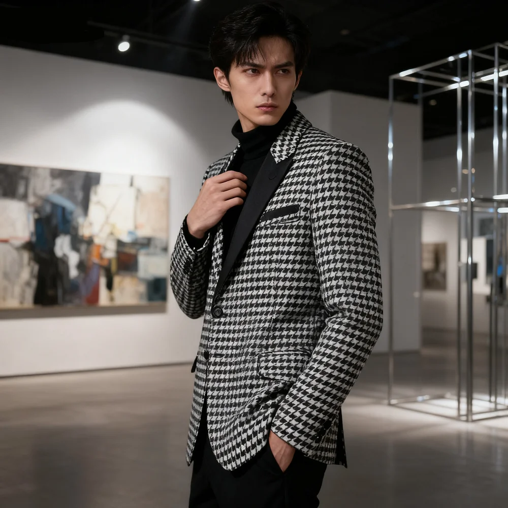 Men's Checkered Blazer with Two Buttons One-Piece Business Suit Jacket Notch Lapel Houndstooth Fashion Outerwear
Men's Checkered Blazer with Two Buttons One-Piece Business Suit Jacket Notch Lapel Houndstooth Fashion Outerwear