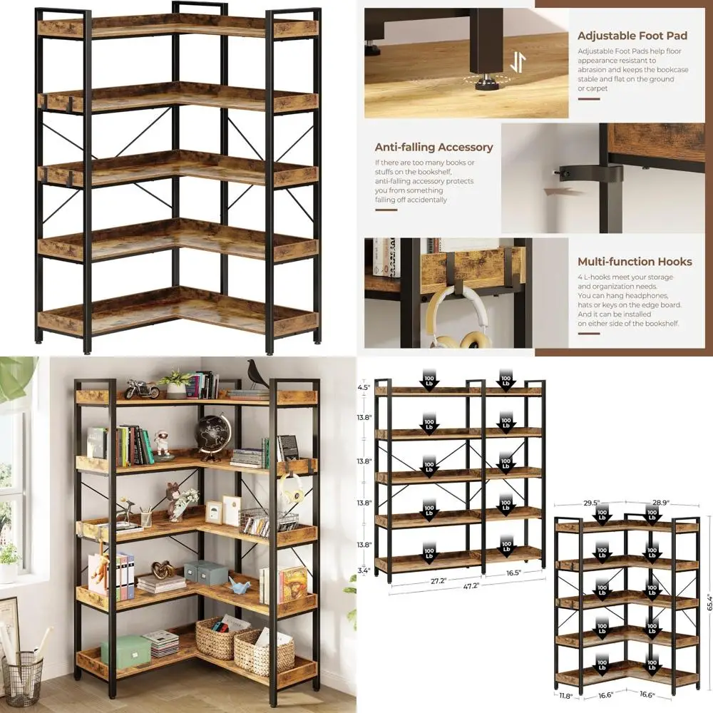 5-Tier Corner Wooden Bookcase with 4 Metal Hooks, Industrial Style Open Shelving Bookshelf
5-Tier Corner Wooden Bookcase with 4 Metal Hooks, Industrial Style Open Shelving Bookshelf