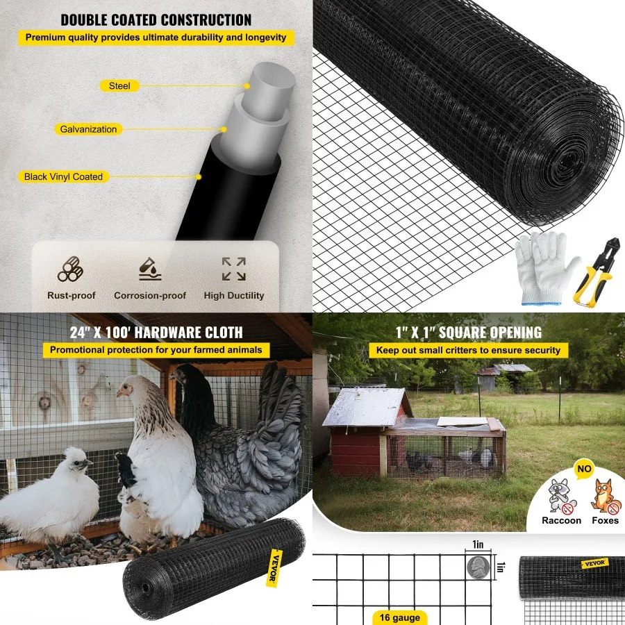 VEVOR Hardware Cloth 24" x 100' and 1"x1" Mesh Size Gaanized Steel Vinyl Coated 16 Gauge Chicken Wire Fencing w A Cutting Plier
VEVOR Hardware Cloth 24" x 100' and 1"x1" Mesh Size Gaanized Steel Vinyl Coated 16 Gauge Chicken Wire Fencing w A Cutting Plier