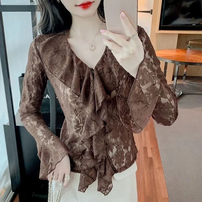 Кружевные рубашки и блузки, женские топы с оборками и расклешенными рукавами, весна-осень, сексуальные Blusas Mujer, корейская мода, майки с v-образным вырезом
Кружевные рубашки и блузки, женские топы с оборками и расклешенными рукавами, весна-осень, сексуальные Blusas Mujer, корейская мода, майки с v-образным вырезом