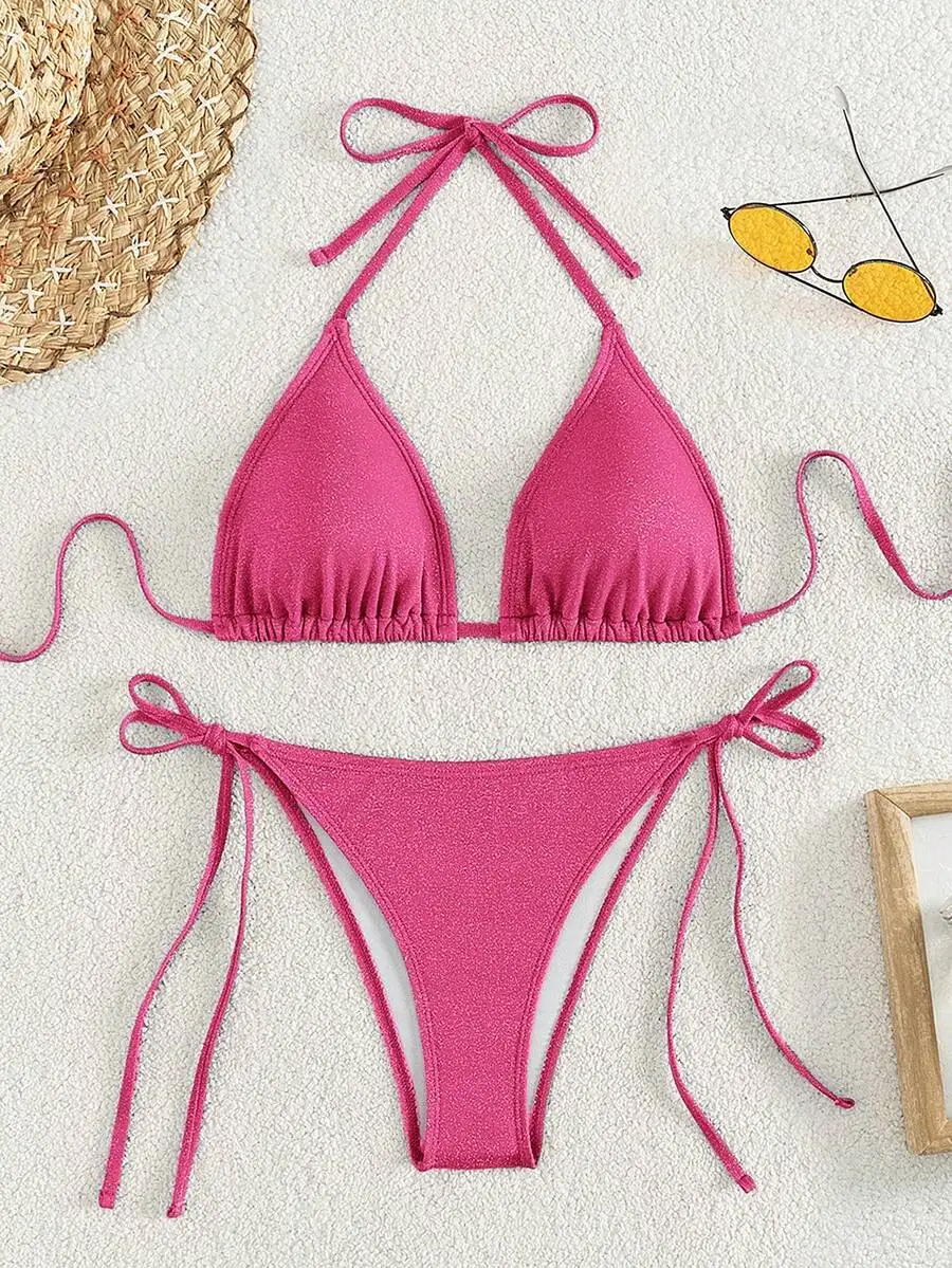 Women Solid Color Triangle Halter Bikini Set With Tie Side Bottom
Women Solid Color Triangle Halter Bikini Set With Tie Side Bottom