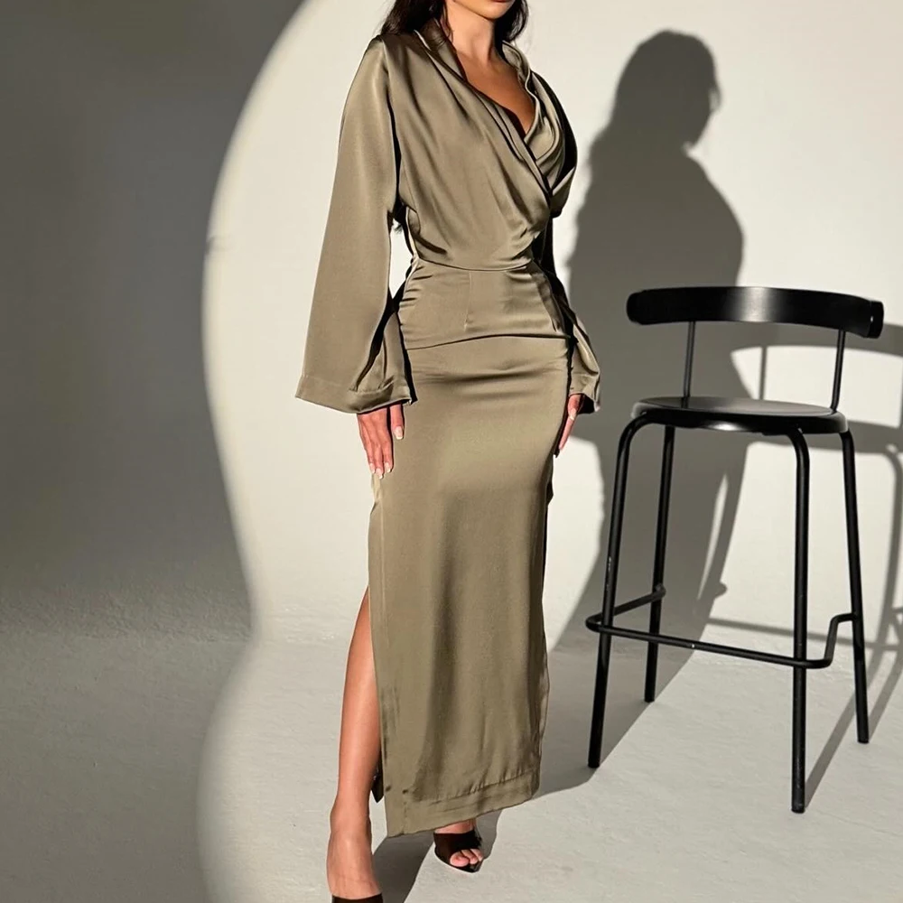 Customized Satin Straight Evening Dress V-Neck Side Slit Floor Length Long Sleeves Solid Color High Quality Vestidos d
Customized Satin Straight Evening Dress V-Neck Side Slit Floor Length Long Sleeves Solid Color High Quality Vestidos d