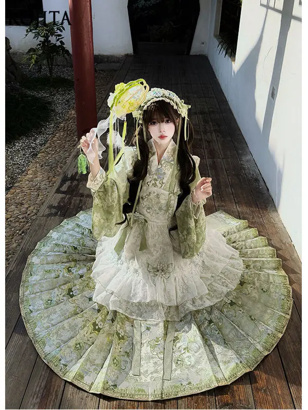 Chinese Hanfu Style Lolita Dress Women Green Floral Print 4-Piece Set Top + Skirt + Overskirt + Headwear
Chinese Hanfu Style Lolita Dress Women Green Floral Print 4-Piece Set Top + Skirt + Overskirt + Headwear