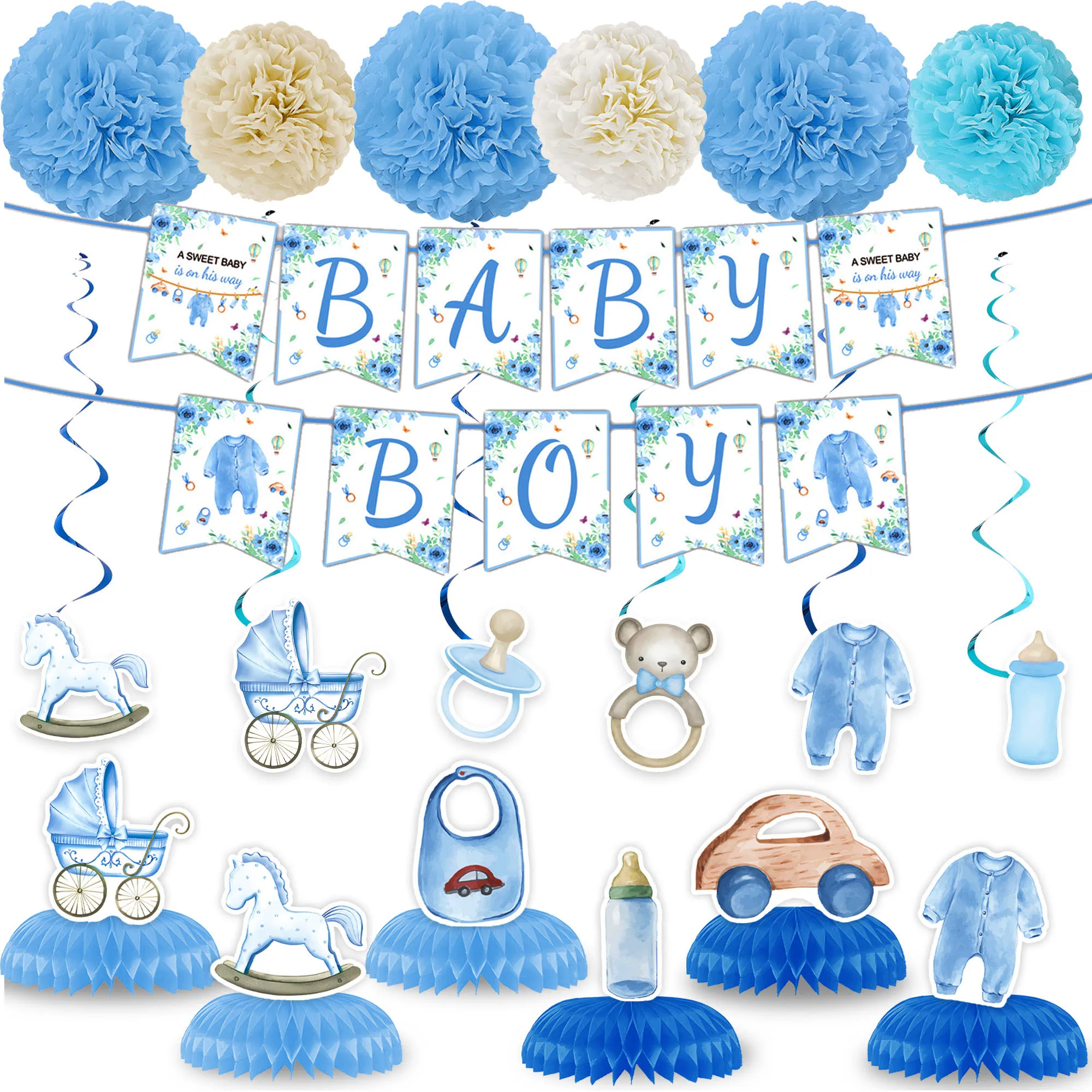 Blue Baby Boy Baby Shower Decor Set: BABY BOY Banner, Pom Poms, Swirls & Centerpieces, Gender Reveal Party Supplies for Newborn
Blue Baby Boy Baby Shower Decor Set: BABY BOY Banner, Pom Poms, Swirls & Centerpieces, Gender Reveal Party Supplies for Newborn
