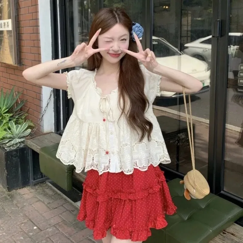 Sweet Lace Ruffle Blouse Red Polka Dot Mini Skirt Two Piece Set Kawaii Lolita Style Outfit
Sweet Lace Ruffle Blouse Red Polka Dot Mini Skirt Two Piece Set Kawaii Lolita Style Outfit