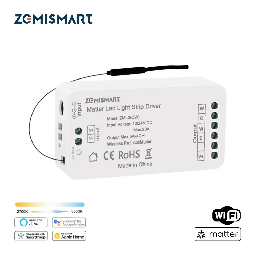 Matter Over WiFi LED Light Strip Driver CCT 2700K-6500K Smart Led Controller Homekit Smartthings Alexa Google Home Assistant
Matter Over WiFi LED Light Strip Driver CCT 2700K-6500K Smart Led Controller Homekit Smartthings Alexa Google Home Assistant