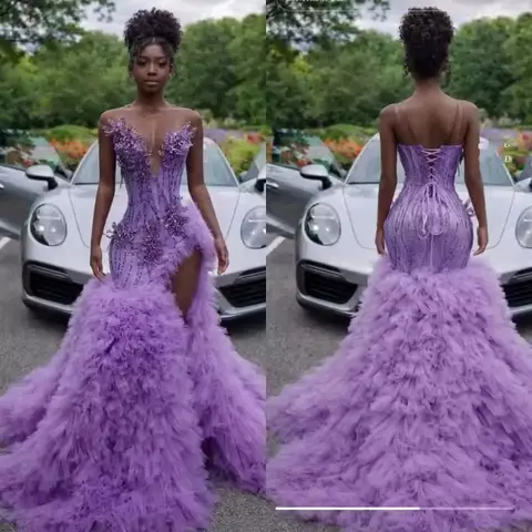 Lilac Prom Dresses 2026 Luxury Sequin Beading Black Girls Evening Dress Crystal Birthday Outfits Ruffles Party Gowns Customized