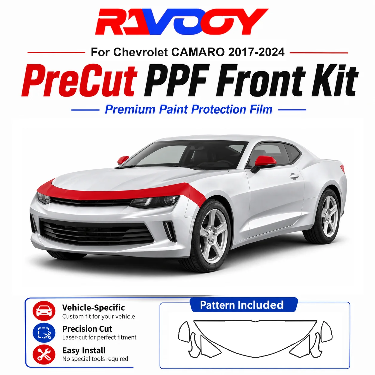 8.5mil TPU Precut PPF Kit For Chevrolet CAMARO 2017-2024 - Hood, Fenders & Mirror Set - Self-Healing Clear Bra Film
8.5mil TPU Precut PPF Kit For Chevrolet CAMARO 2017-2024 - Hood, Fenders & Mirror Set - Self-Healing Clear Bra Film