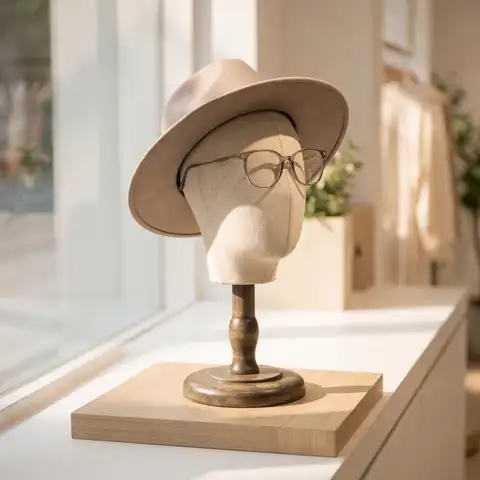Linen Mannequin Head with Stable Wood Base for Wig Hat Display Retail Boutique Window Storage
