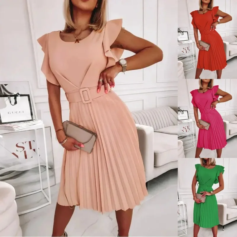 Summer Women's Fashion New Solid Color Round Neck Waist Pleated Ruffle Short Sleeve Pleated Dress With Belt
Summer Women's Fashion New Solid Color Round Neck Waist Pleated Ruffle Short Sleeve Pleated Dress With Belt