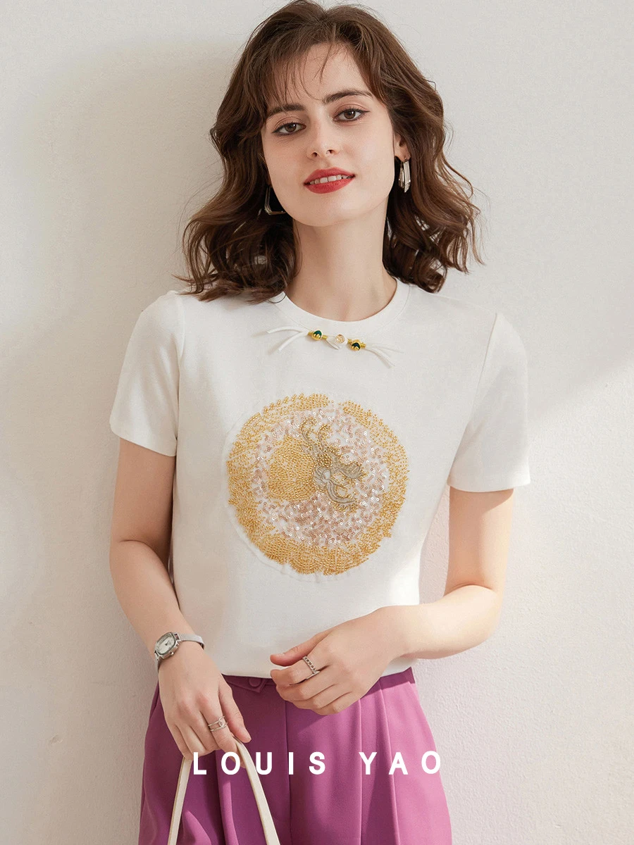 LOUIS YAO Chinese Style T-shirt 2024 Summer New Tee Beading O Neck Short Sleeve Casual Black White Pullover Top
LOUIS YAO Chinese Style T-shirt 2024 Summer New Tee Beading O Neck Short Sleeve Casual Black White Pullover Top