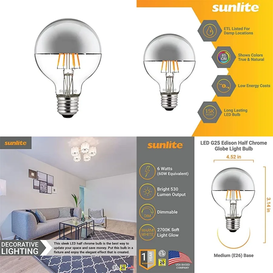 LED Light Bulb, 6 Watts (60W=), Standard E26 Base, 530 Lm, Dimmable, Decorative Silver Bowl, Anti-Glare, Title-20 Compliant, 27
LED Light Bulb, 6 Watts (60W=), Standard E26 Base, 530 Lm, Dimmable, Decorative Silver Bowl, Anti-Glare, Title-20 Compliant, 27