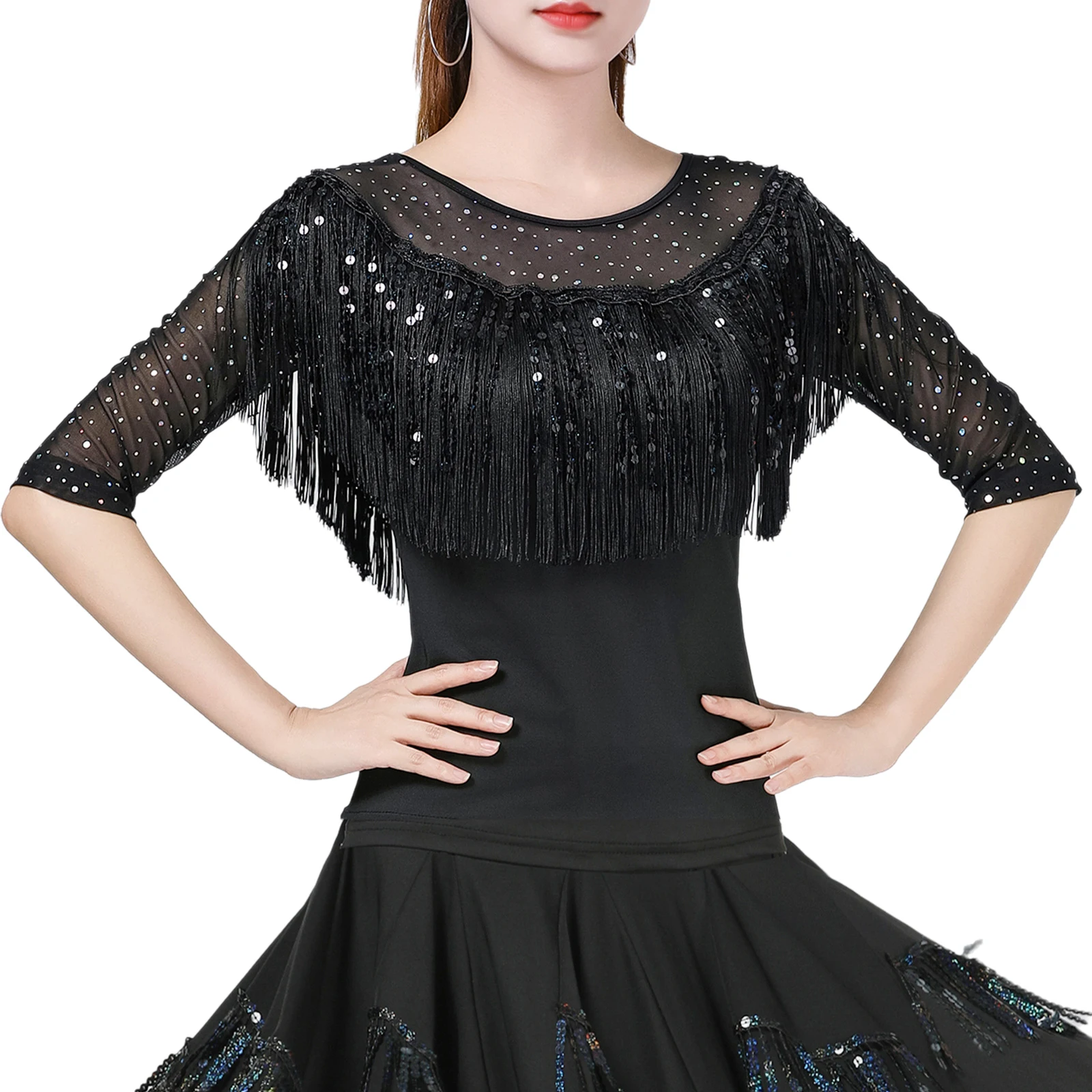 Women Latin Chacha Tango Modern Dance Top Shirt Half Sleeve Dual Layer Tassel Shiny Sequin Blouses Pullover Tops Dance Costume
Women Latin Chacha Tango Modern Dance Top Shirt Half Sleeve Dual Layer Tassel Shiny Sequin Blouses Pullover Tops Dance Costume