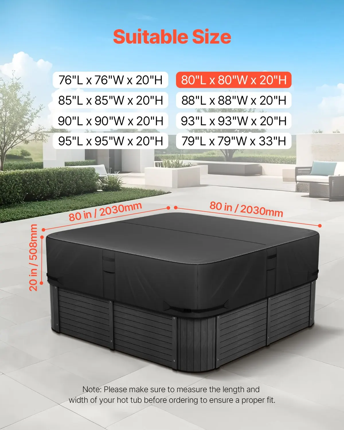 Outdoor Hot Tub Cover, 80 X 80 X 20 Inch Weatherproof And Waterproof Hot Tub Cover Protector, 600D Heavy Duty Oxford Fabric And 950N Tearing Strength, Square Spa Covers For Hottub, Black
Outdoor Hot Tub Cover, 80 X 80 X 20 Inch Weatherproof And Waterproof Hot Tub Cover Protector, 600D Heavy Duty Oxford Fabric And 950N Tearing Strength, Square Spa Covers For Hottub, Black