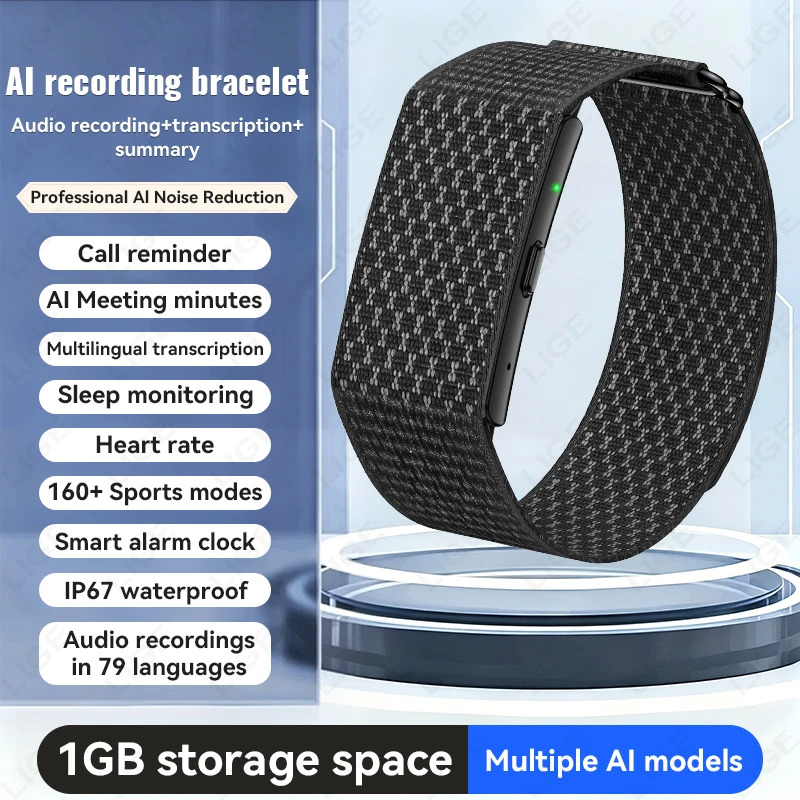 LIGE New Screenless Smart Bracelet One-Click Recording AI Meeting Transcription Heart Rate Blood Oxygen Sleep Monitor Smartwatch
LIGE New Screenless Smart Bracelet One-Click Recording AI Meeting Transcription Heart Rate Blood Oxygen Sleep Monitor Smartwatch