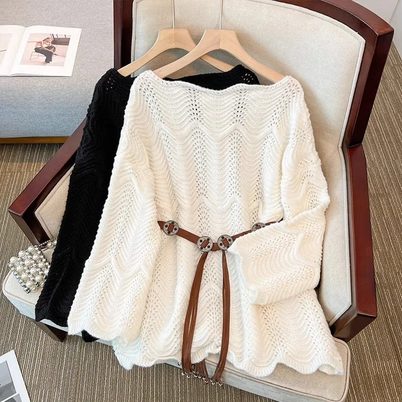 Elegant Wave Pattern Hollow Out Pullover, Soft Oversized Jumper with Adjustable Leather Belt, Casual Long Sleeve Top
Elegant Wave Pattern Hollow Out Pullover, Soft Oversized Jumper with Adjustable Leather Belt, Casual Long Sleeve Top