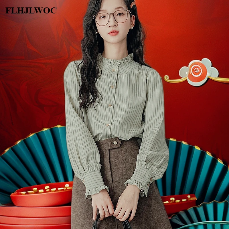 Cute Retro Vintage Ruffles Tops 2024 New FLHJLWOC Brand Design Japan Girls Single Breasted Button Striped Green White Shirts
Cute Retro Vintage Ruffles Tops 2024 New FLHJLWOC Brand Design Japan Girls Single Breasted Button Striped Green White Shirts