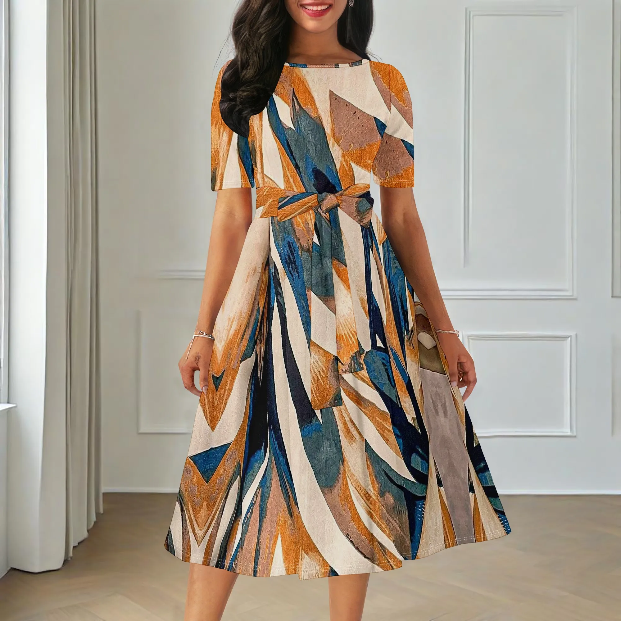 Women's Abstract Print A-line Dress Vintage Short Sleeve O-Neck Dress with Belt for Office Work Party Wear XS-3XL 
Women's Abstract Print A-line Dress Vintage Short Sleeve O-Neck Dress with Belt for Office Work Party Wear XS-3XL