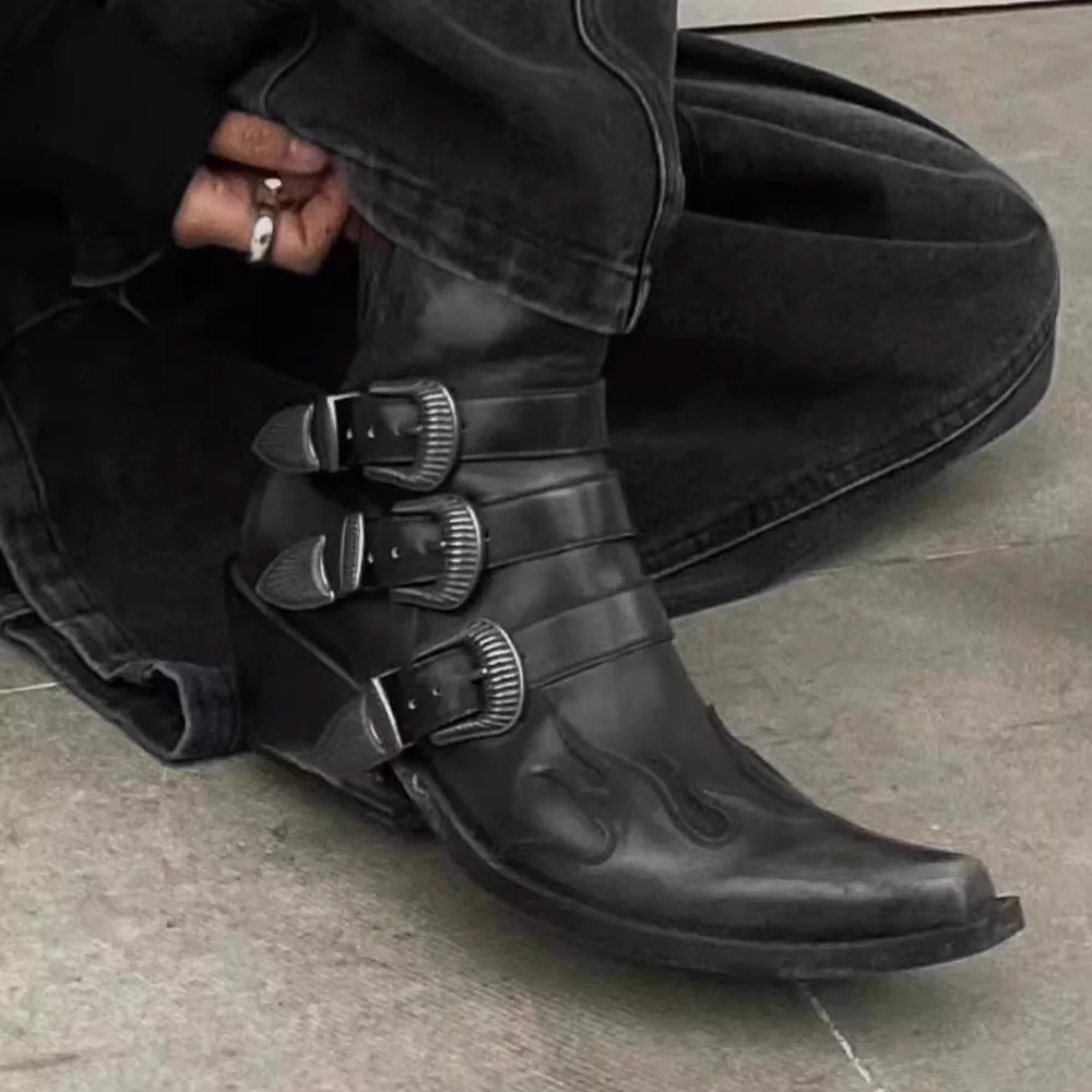 Fashion Genuine Leather Chelsae Boots Pointed Toe Flame Punk Ankle Boots Men's Loafers Western Cowboy Boots Metal Buckle Strap
Fashion Genuine Leather Chelsae Boots Pointed Toe Flame Punk Ankle Boots Men's Loafers Western Cowboy Boots Metal Buckle Strap
