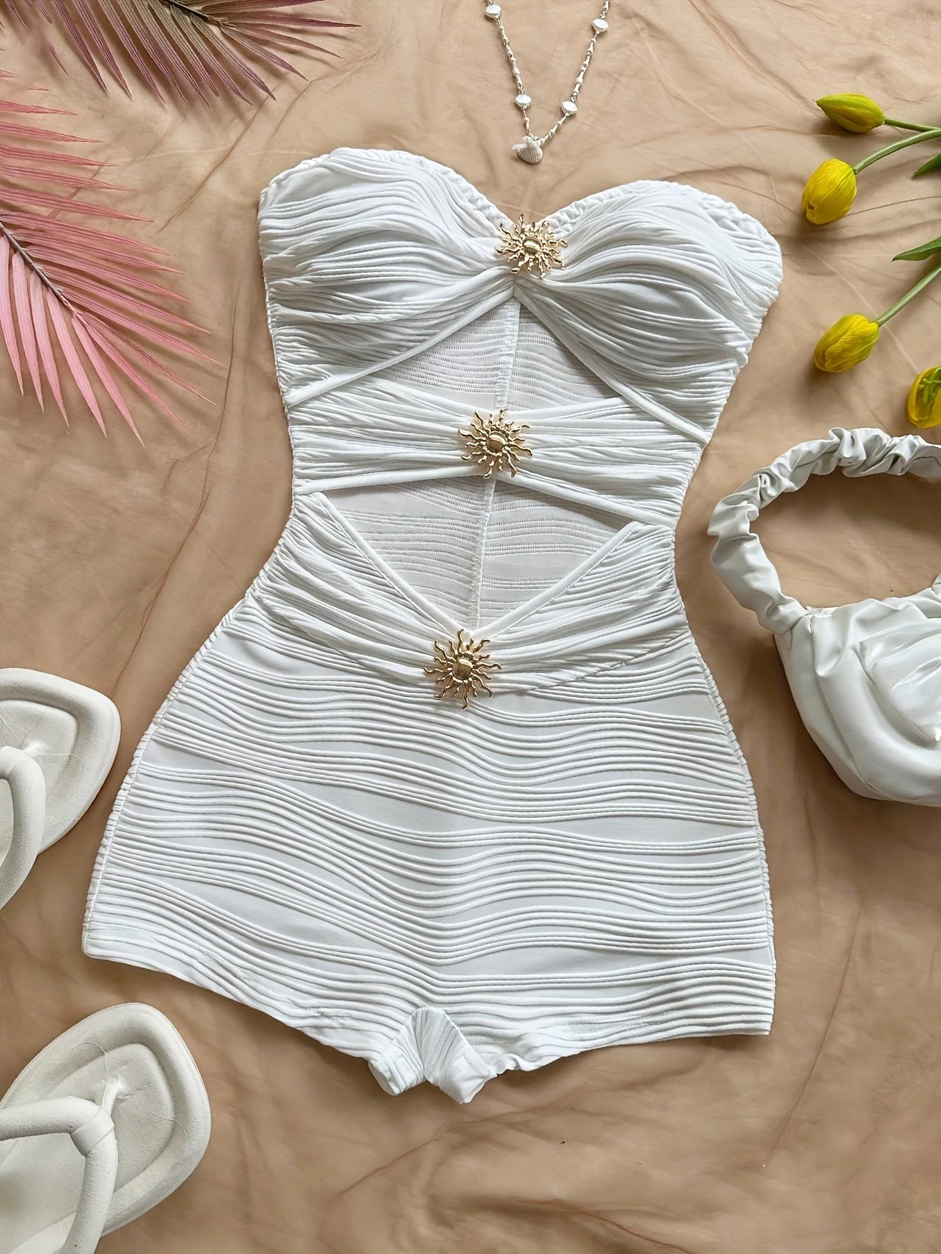 Summer White Bodycon Romper, Strapless with Sun Metal Accents
Summer White Bodycon Romper, Strapless with Sun Metal Accents