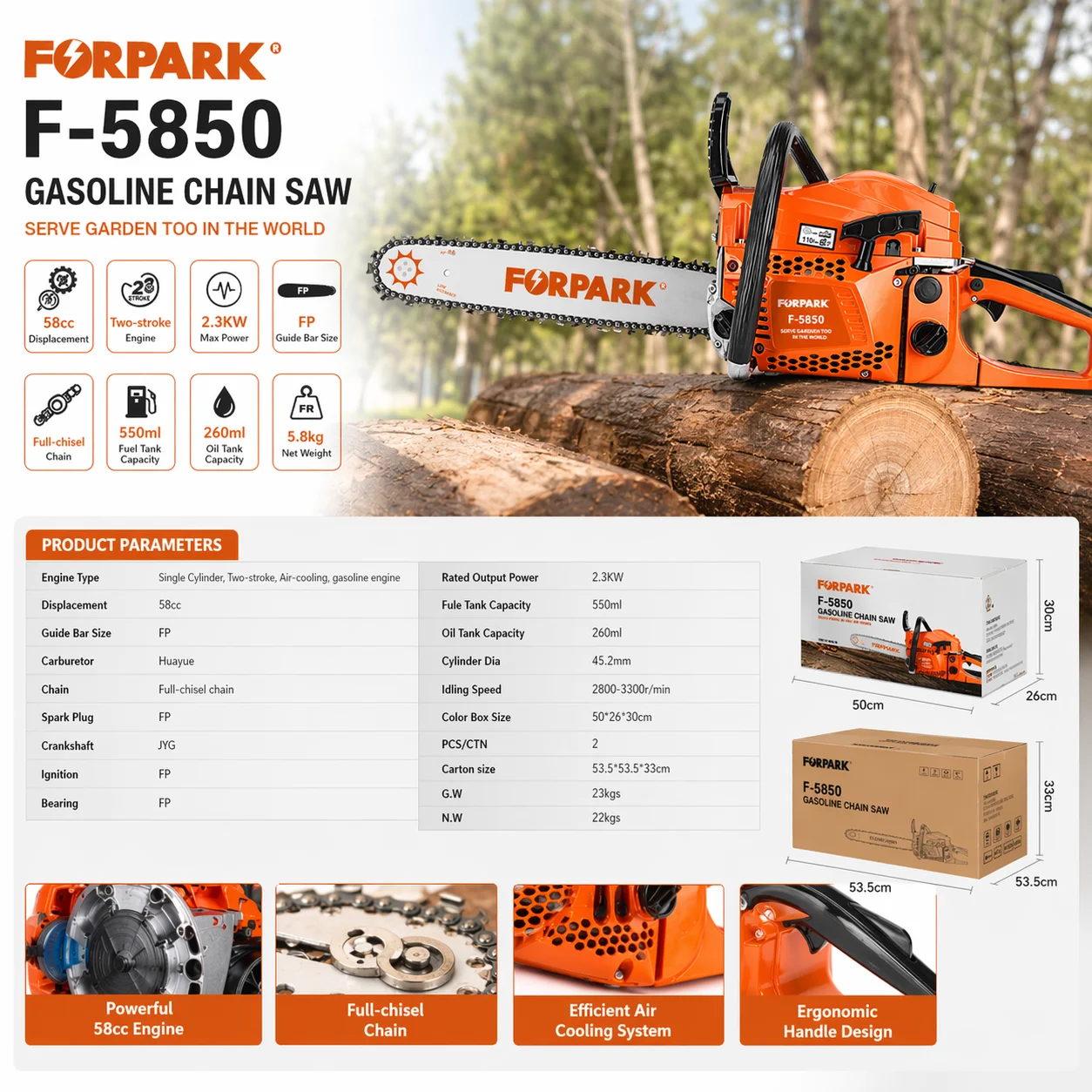 Professional 58cc Chainsaw 2.3KW High Power Petrol Chain Saw 5800 Series With Full-chisel Chain For Timber Cutting
Professional 58cc Chainsaw 2.3KW High Power Petrol Chain Saw 5800 Series With Full-chisel Chain For Timber Cutting