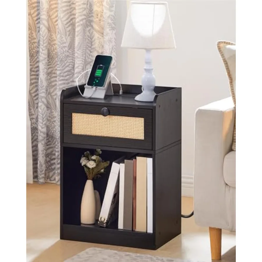 Nightstand End Table with Charging Station Side Table with Rattan-Style Drawer and Storage Shelf Modern Sofa Table with 1 AC Ou
Nightstand End Table with Charging Station Side Table with Rattan-Style Drawer and Storage Shelf Modern Sofa Table with 1 AC Ou